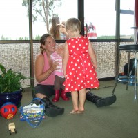 Emma with Charlotte in Poppy's boots