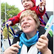 Nelson visitors Poppy Ford, 3, and her mum Adrienne Ford wave to the Stags.