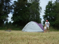 Yogi helps set up the tent