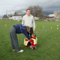 Coach Marion attempts to remove Poppy & Maddie from Jeremy\'s legs - it\'s a winning strategy, girls!