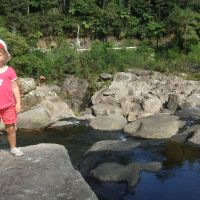 Climbing the rocks at McLaren Falls